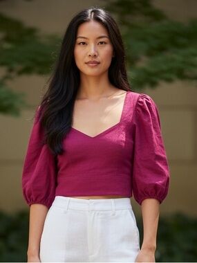 Express Magenta Puff-Sleeve Crop Top Linen blend
